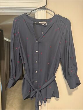 Current Air Navy Button-Front Tie-Waist Blouse with Red Dot Print